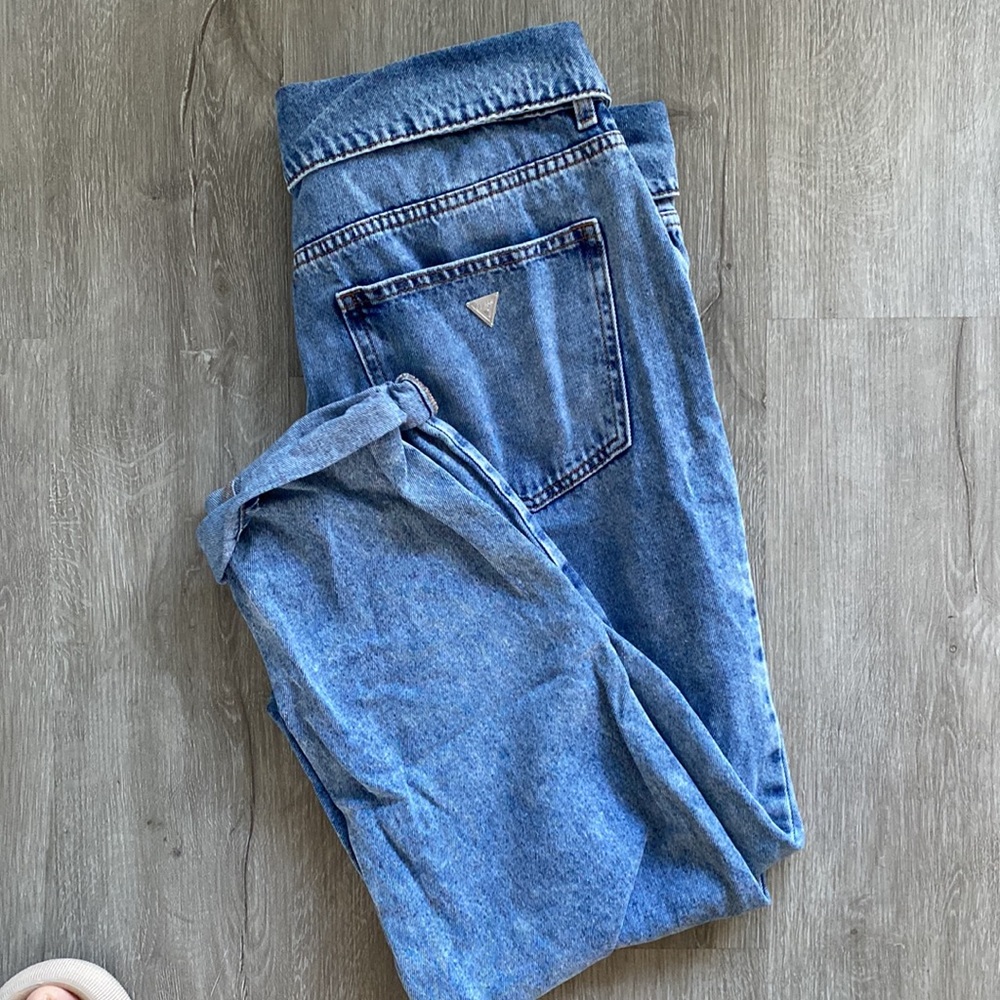 Guess Reda Fold Over High Waist Straight Leg Jeans Belted Medium Wash